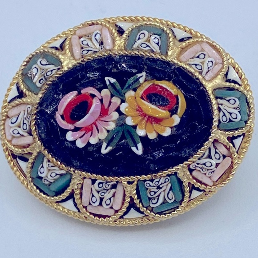 Vintage Signed Italy Gold Toned Micro Mosaic Pin Black,Yellow,Pink,Red & Green